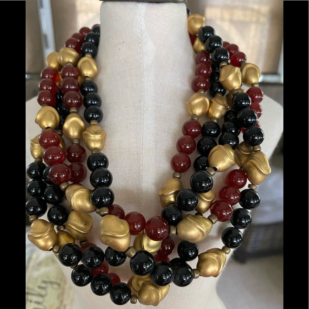 Vintage Necklace 6 Strands of black & Rust   Beads